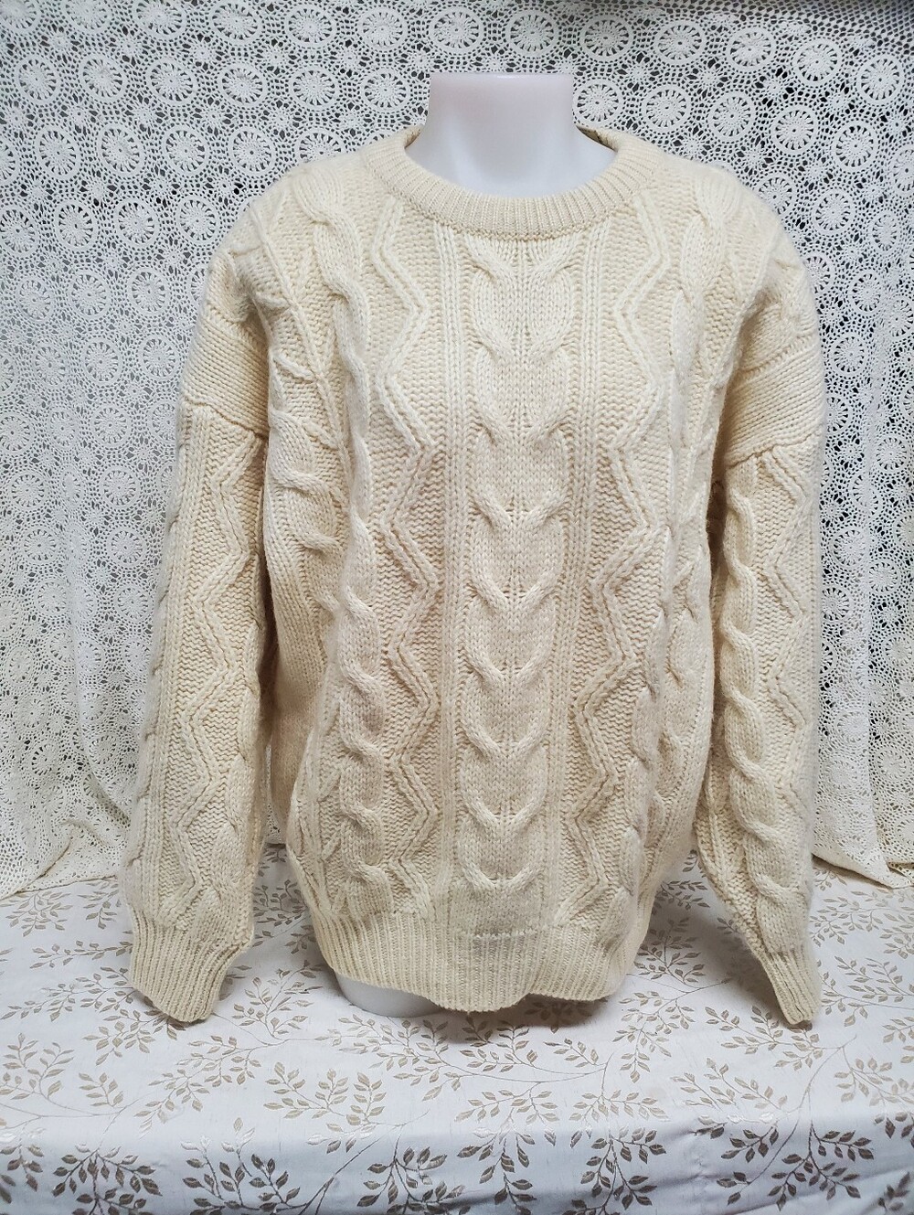 VTG Cream Cable Knit Pure WOOL  Sweater  Fits WOMENS XL MENS LARGE